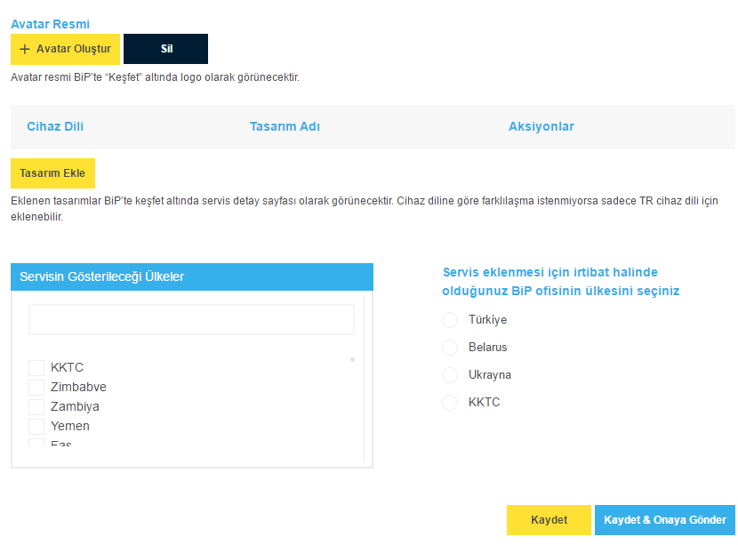 Service application screen of the BiP Business panel